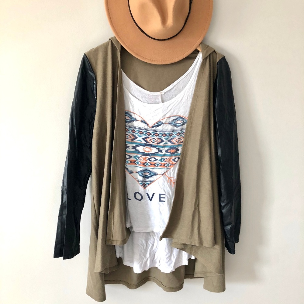 Faux Leather Sleeve Olive Green High-Low Cardigan